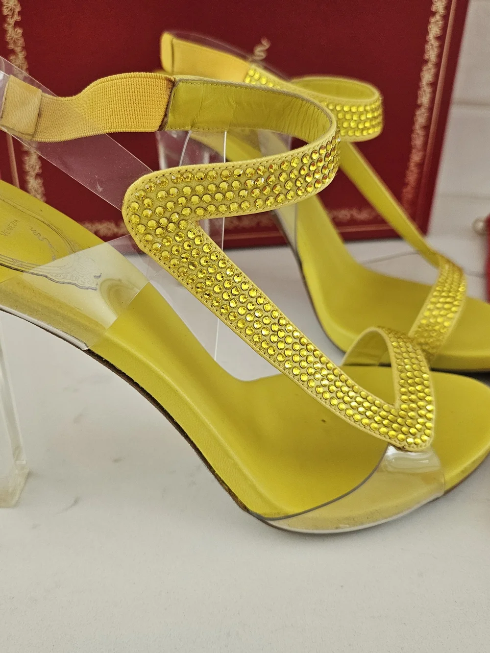 René Caovilla Vintage Yellow Strass Clear Block Heel Sandals, Size 38 (With Box